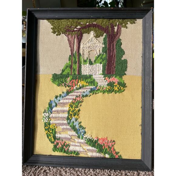Vtg Framed Crewel Embroidery Springtime Gazebo Needlepoint Floral Grandmacore - Picture 1 of 16